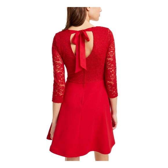 B DARLIN Womens Lace 3/4 Sleeve V Neck Short Party Blouson Dress - Picture 2 of 4